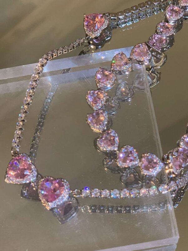 pink heart and diamond necklace and bracelet