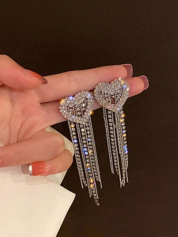 Heart Shaped Crystal Fringe Earrings with Sparkling Rhinestones and Dangling Chains