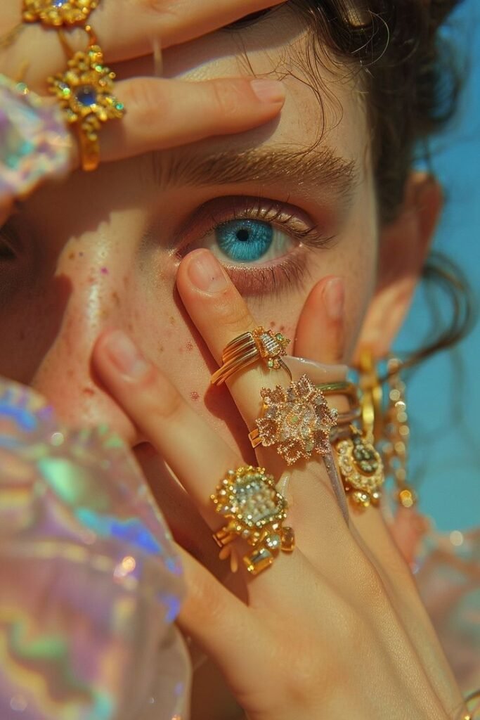 blue eyed girl showing her rings